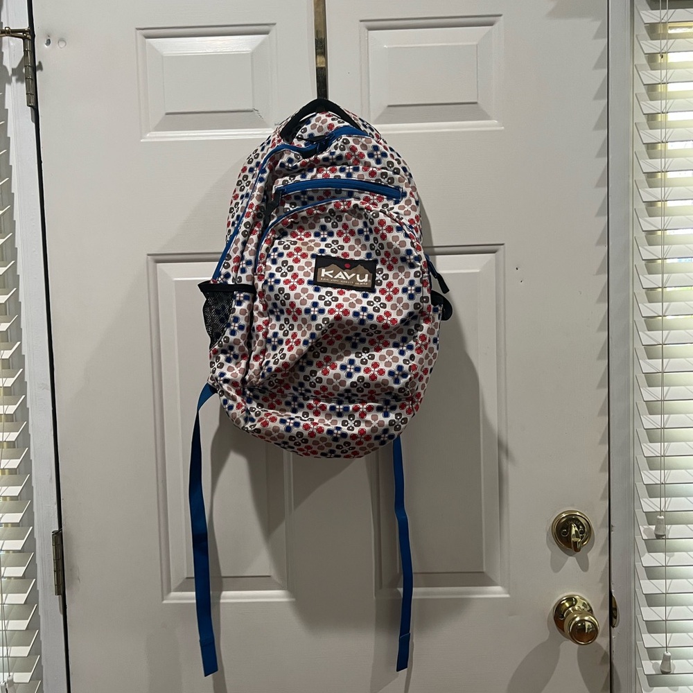 Kavu White Backpack with Red, Blue & Brown Floral Dot Print